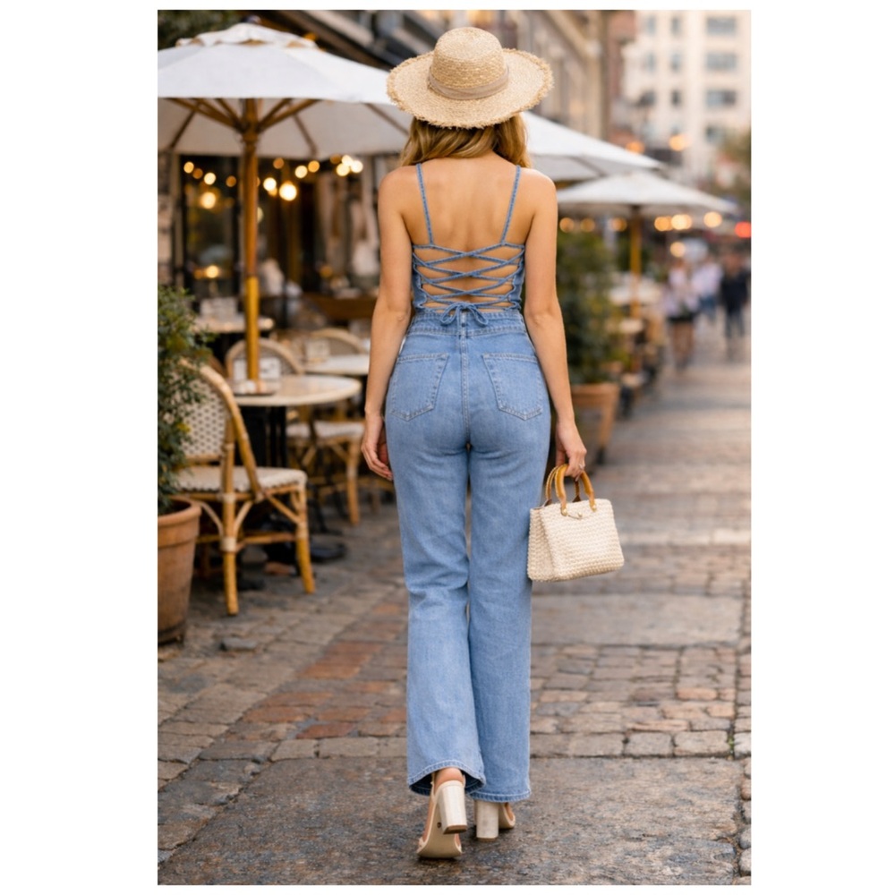 GOOD AMERICAN Vacay Denim Tie Back Flare Leg Jumpsuit NWT Size 0 - Picture 3 of 13